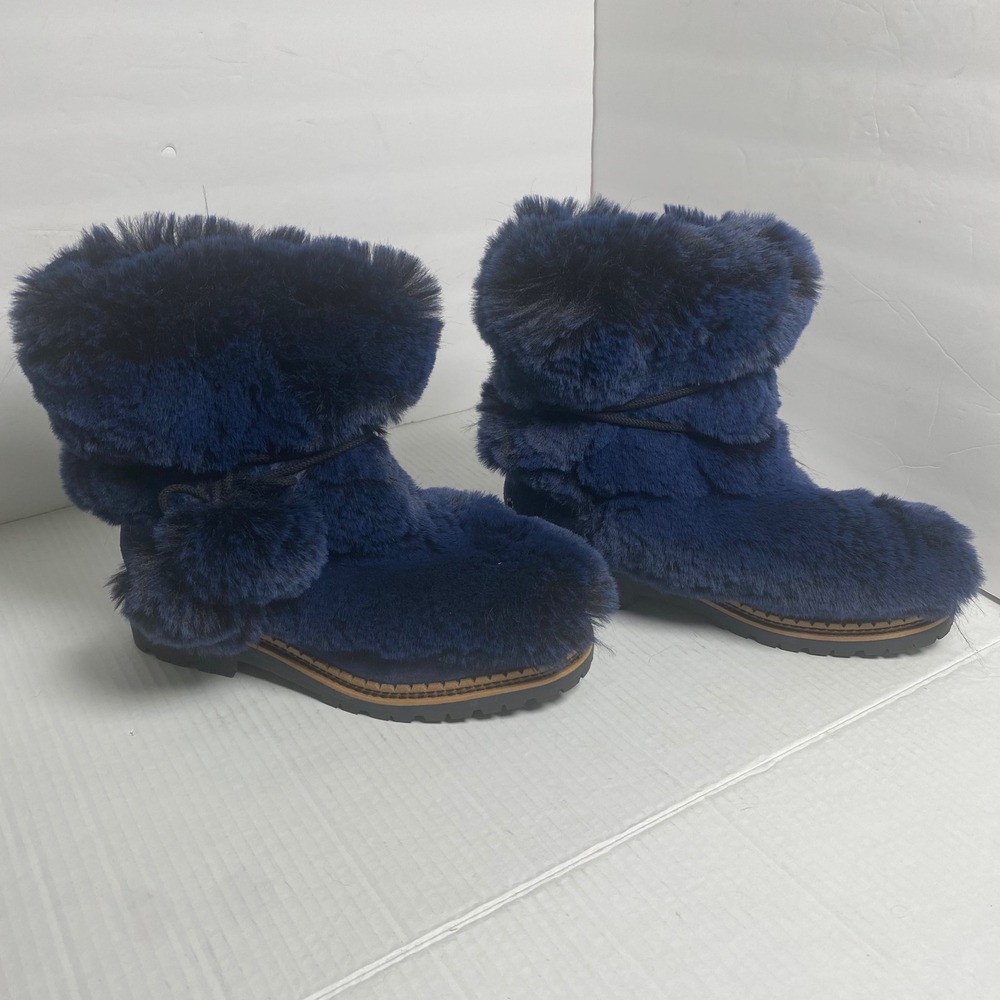 Sam Edelman Navy Blue Faux Fur Pom Pom Lug Sole Ankle Boots Womens 8.5M Cozy